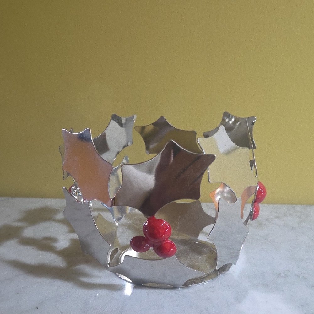 PartyLite Silver Holly Candle Holder with Red Accents
